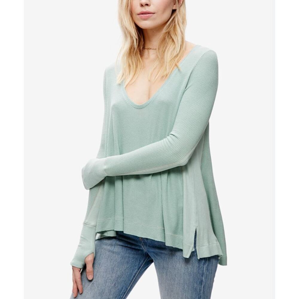 We The Free Malibu Thermal‎ Top Sage Green Waffle Knit Small